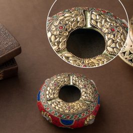 Indian Home Decor | Handcrafted Wooden Brass Ashtray – Mosaic & Gemstone Inlay